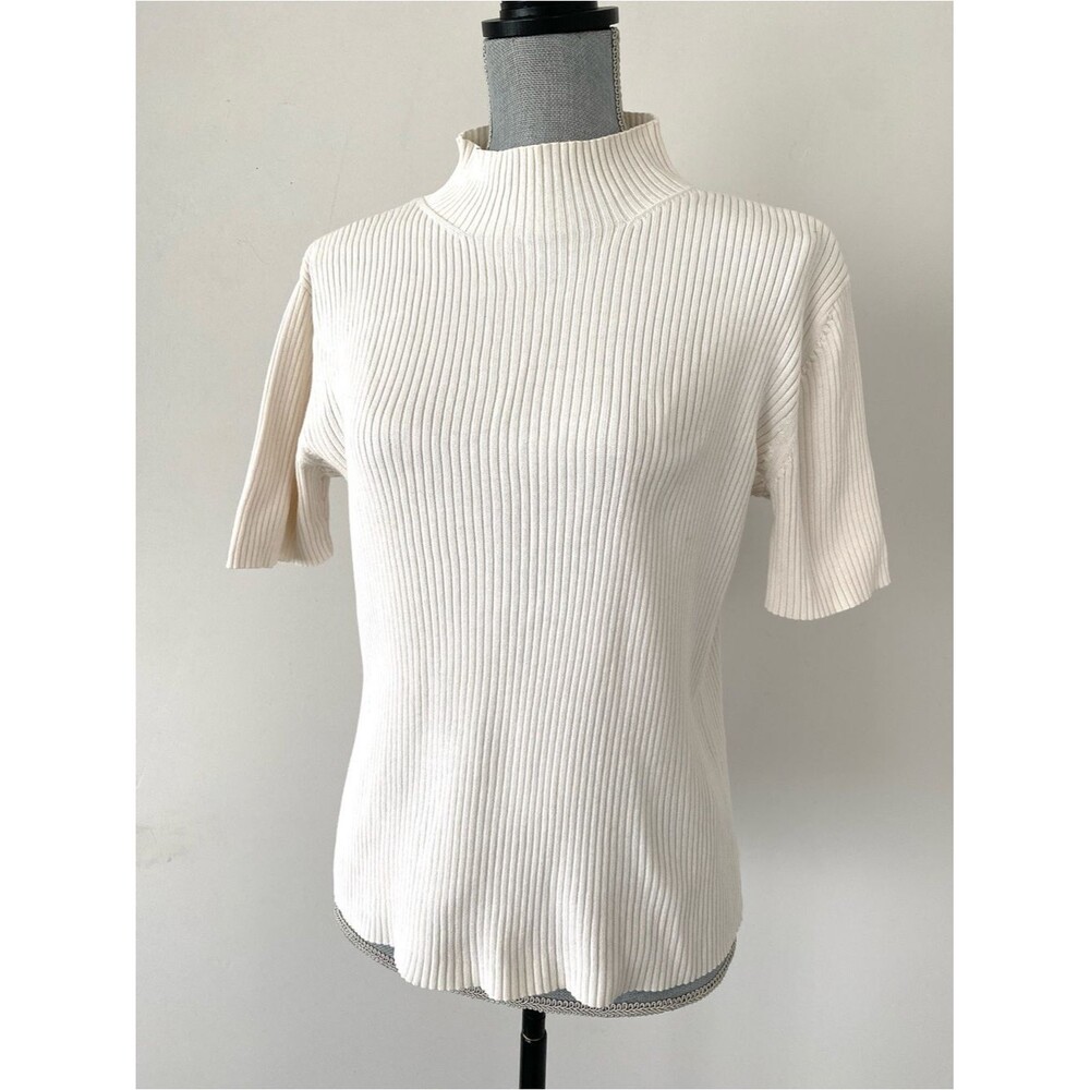 Nordstrome Ribbed Mock Neck Short Sleeve Cotton Sweater Off- White Minimal Chic